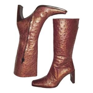 Vintage Y2K Ostrich Leather Square Toe Boots size 37 with Block Heel